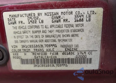 2003 Nissan Sentra Xe z USA, uszkodzony, nr VIN 3N1CB51D53L705991